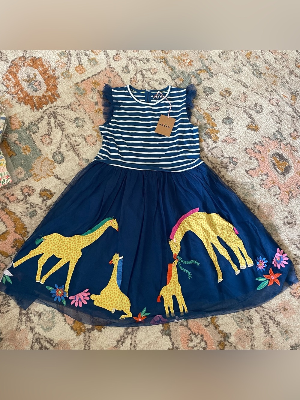 NWT Mini Boden Navy Striped & Giraffe Appliqué Sleeveless Dress